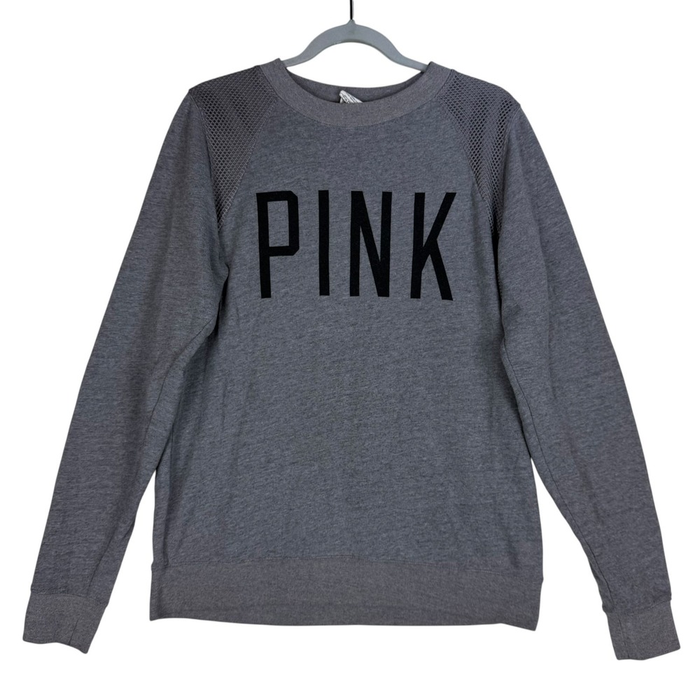 Victoria's Secret Pink Sweatshirt Women Small Mesh Graphic Logo Raglan Sleeve